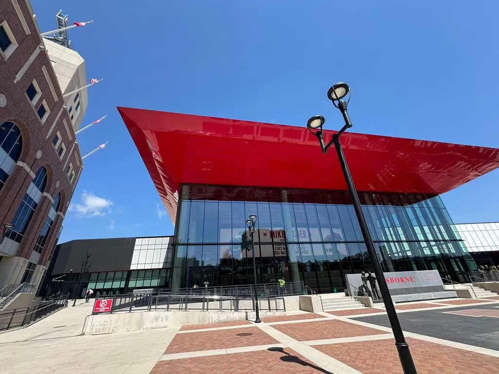 ACM cassettes in place on the UNL Stadium Expansion canopy in Lincoln, Nebraska, with the protective film still on the panel faces.